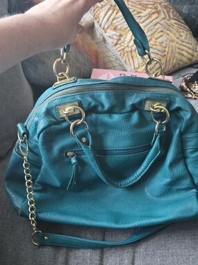 Teal/Turquois/Aqua Leather Satchel Handbag with Gold Hardware